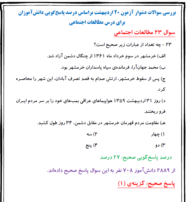 بررسی سوالات دشوار آزمون 20 اردیبهشت (ششم دبستان - مطالعات)